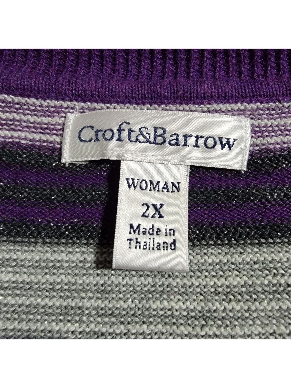 𝅺EUC Croft & Barrow Purple/Silver Vneck Striped Sweater Size 2XL - Picture 3 of 10